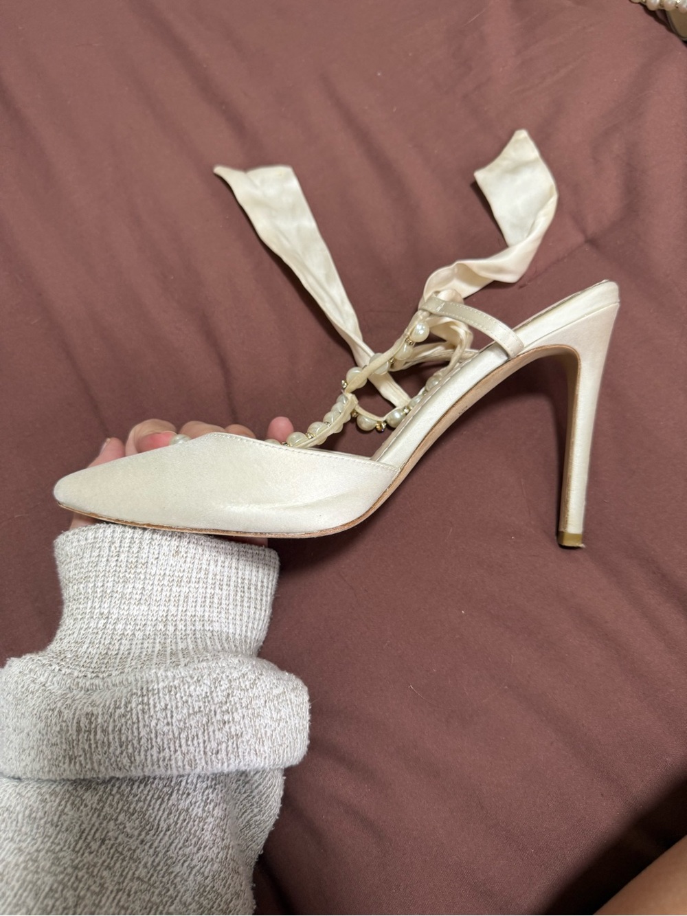 Bella Belle Lisbeth Bridal Heels- Pearl-Trim Satin Pointed-Toe Heels in Ivory - Picture 11 of 15